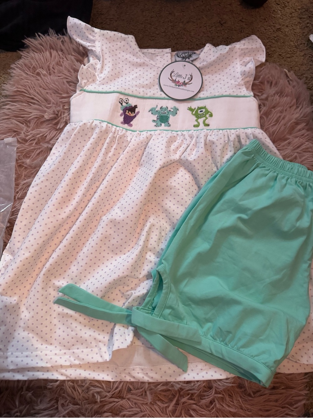 Girls White Polka Dot smocked Set with Mint Shorts Monsters inc Smocked Detail